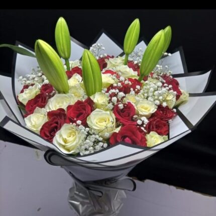 Red Rose and Emerging Lily Midnight Bouquet